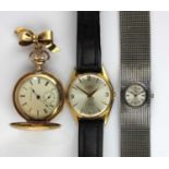 An Elgin gilt metal keyless wind hunt in cased fob watch fitted to a 9ct gold bow brooch, a Jaquet-