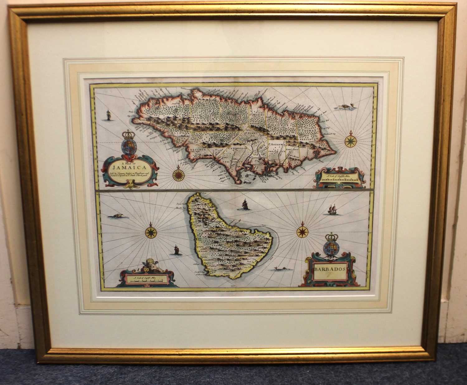 John Speed (1552-1629), a coloured map of Jamaica and Barbados, sold by Thomas Basset in Fleet