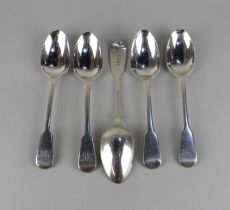 Three George IV silver Fiddle pattern dessert spoons with engraved initials, maker William Eaton,