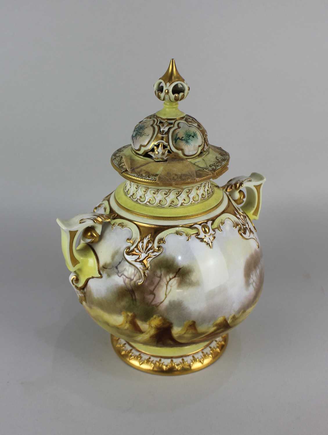 A Royal Worcester Hadley ware porcelain vase and cover painted by William Powell, the bulbous body - Image 2 of 2