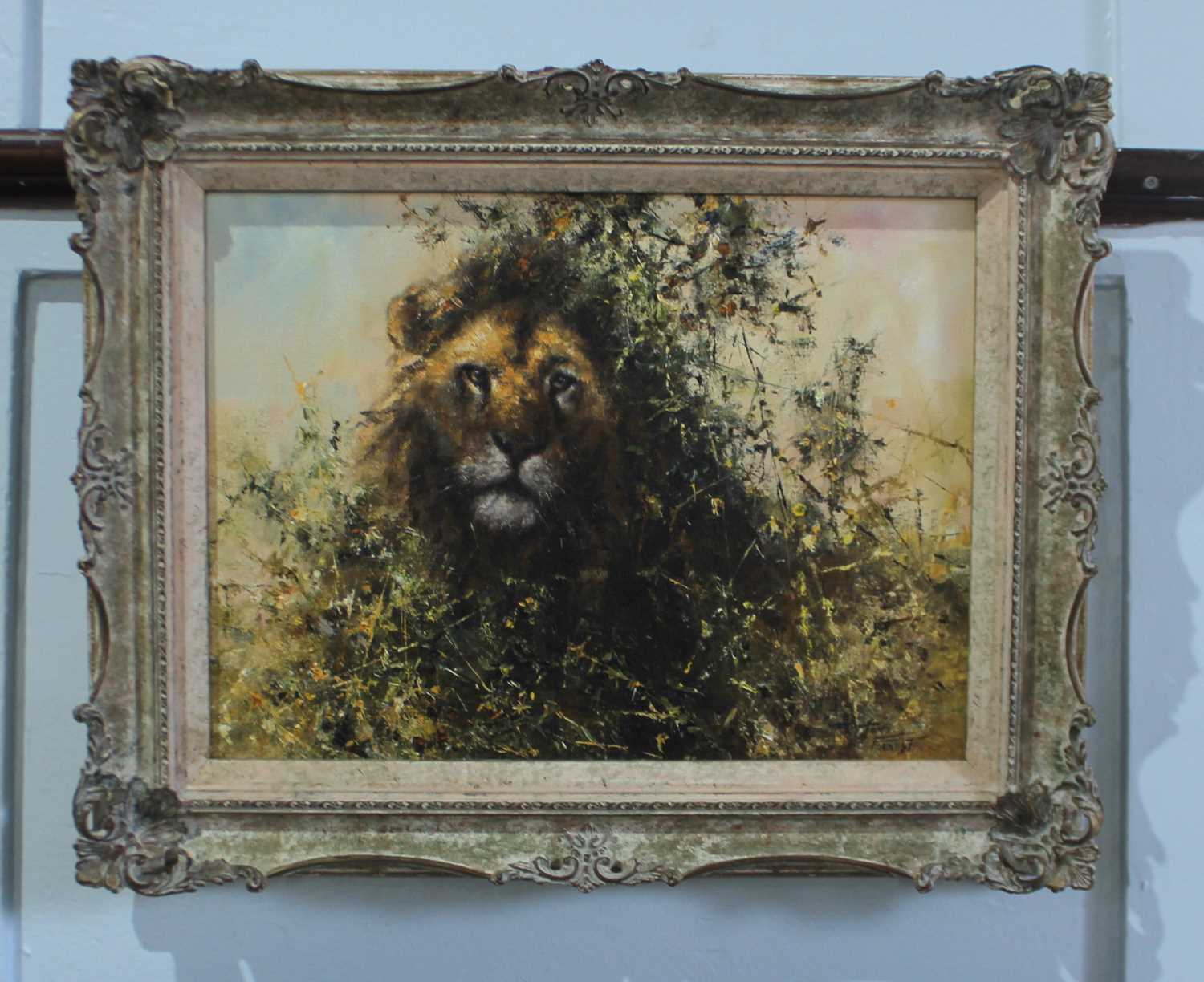 Tony Forrest (British, b.1961) - 'study of a lion', oil on canvas, signed, inset ornate relief