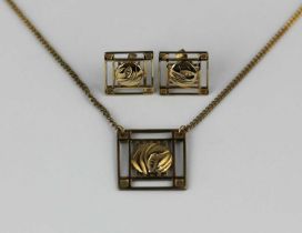 An Ortak, Scotland 9ct gold pendant attached to a neck chain, together with a matching pair of ear