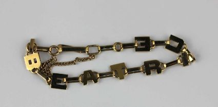 A gold bracelet the links spelling the name 'BEATRICE', the folding clasp detailed '9ct', 7.6g