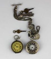 A silver cased key wind lady's half hunt in case fob watch with an unsigned gilt cylinder