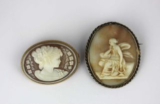 A 9ct gold mounted oval shell cameo brooch carved as the portrait of a girl with floral sprays,