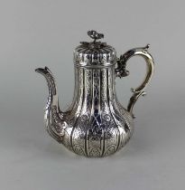 A Victorian silver melon shaped coffee pot fluted body with chased decoration and scroll handle,