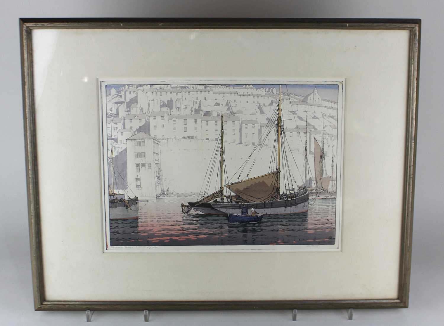 Y John Edgar Platt (1886-1967), harbour view, 'Brixham Town', colour woodcut, inscribed, dated and