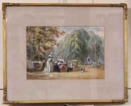 John Edmund Buckley (1824-1876), ladies seated in a garden, gentleman walking beyond, watercolour,