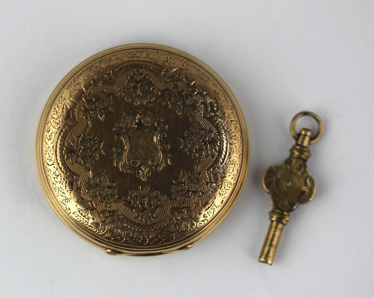 A gold cased key wind open faced lady's fob watch, with a gilt metal inner case, the outer case with - Image 2 of 2