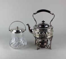 An Edward VII silver mounted cut glass biscuit barrel with swing handle and fitted lid, maker