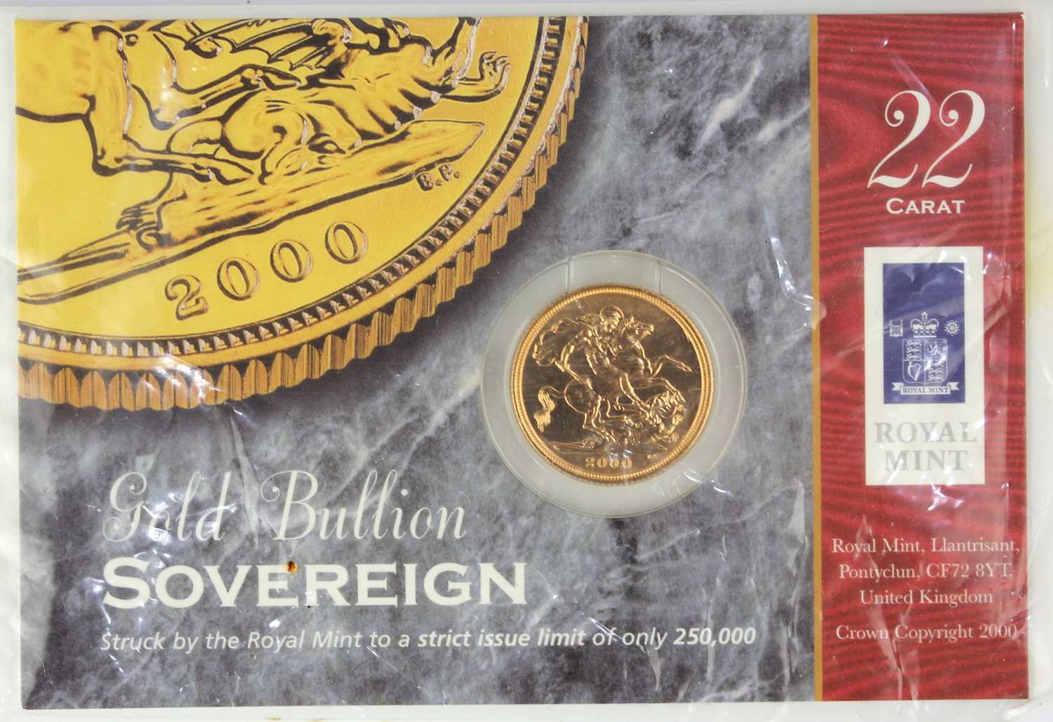 A Royal Mint gold bullion proof sovereign dated 2000 on card mount, in cellophane wrapper