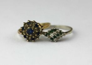 A 9ct gold synthetic dark blue and colourless gem set cluster ring, Birmingham 1979, ring size O 1/