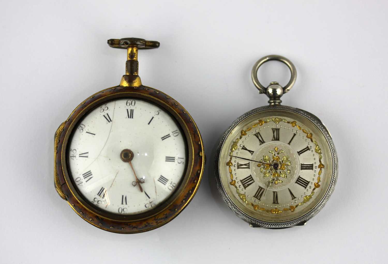 A gilt metal translucent horn or tortoiseshell pair cased open faced pocket watch the gilt fusee