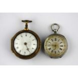 A gilt metal translucent horn or tortoiseshell pair cased open faced pocket watch the gilt fusee