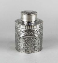 An Edward VII silver tea caddy of cylindrical form with scrolling floral and foliate design, maker