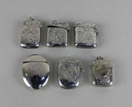Six various silver vesta cases including one oval shape with engraved initials, 3.2oz