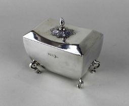 An Edward VII silver tea caddy of rectangular form on four scroll legs to hoof feet, maker