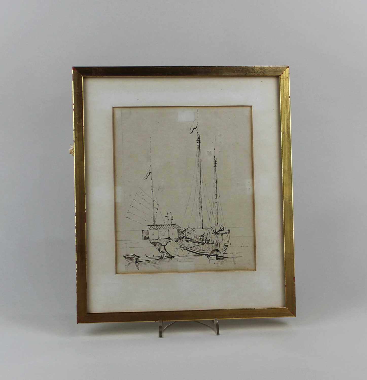 Manner of George Chinnery (1774-1852), ink sketch of a Chinese junk, unsigned, verso inscribed and