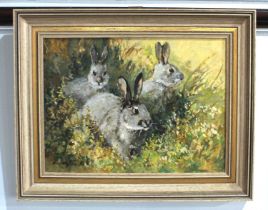 John Stephen (b 1926), 'Rabbit Family', oil on board, signed, 29cm by 39cm, with Country Life
