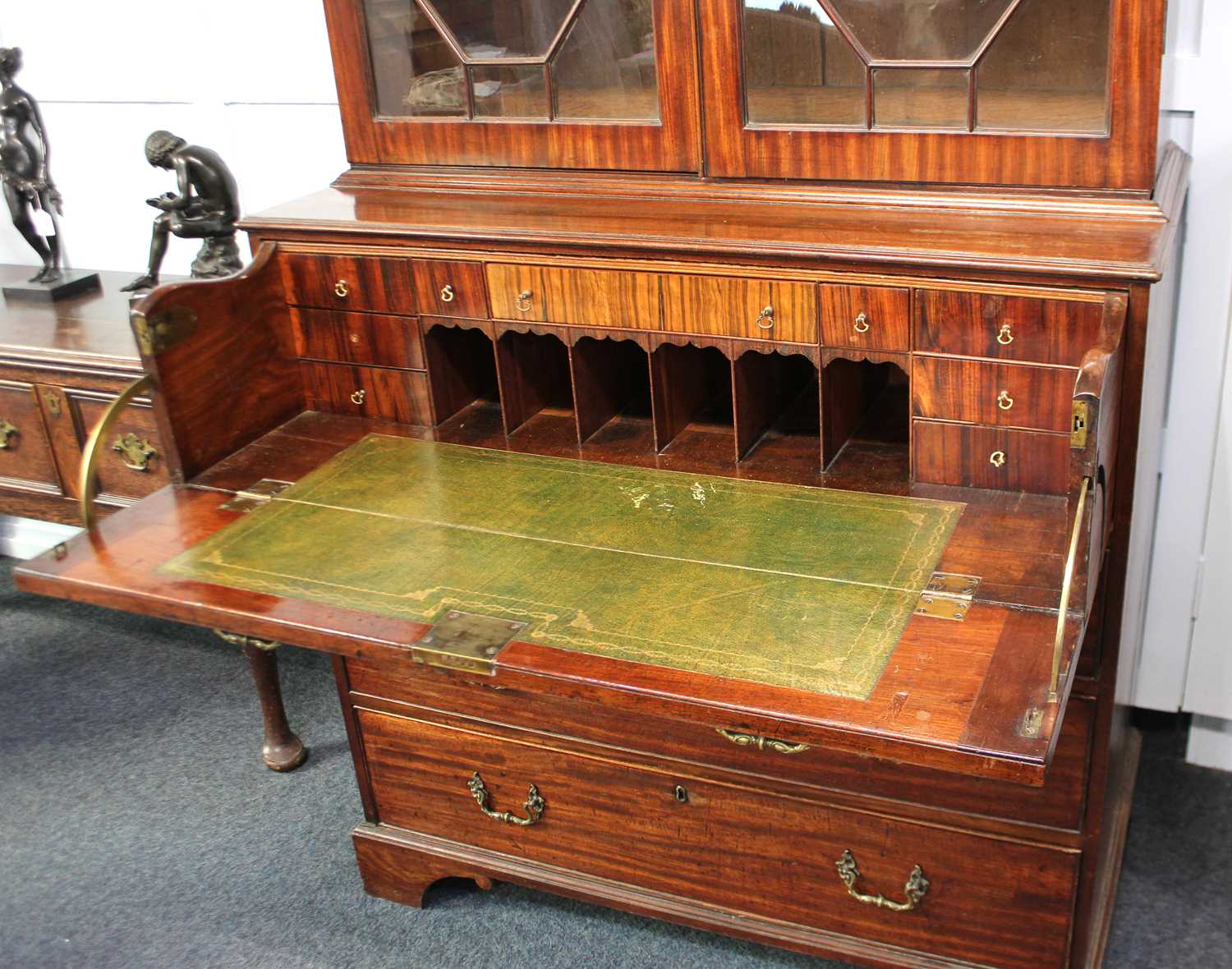 A George III mahogany secretaire bookcase with dentil carved cornice, two panel glazed doors - Image 2 of 2