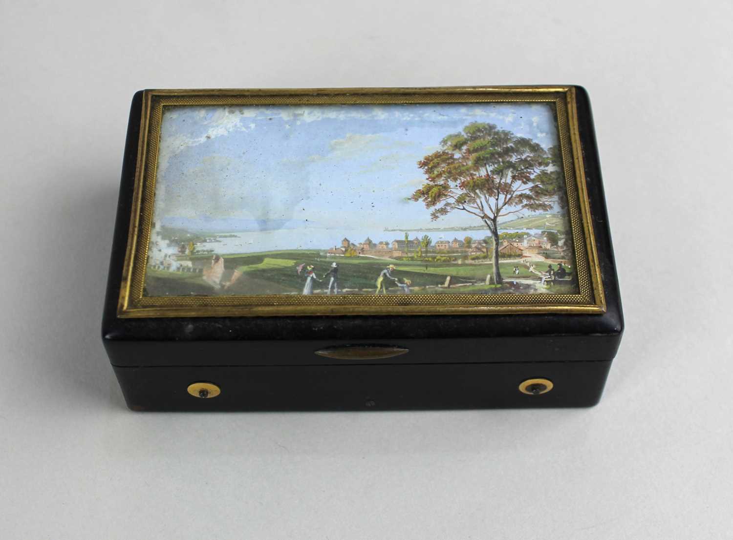 A small music box in gilt mounted tortoiseshell box, the rectangular lid decorated with a view of