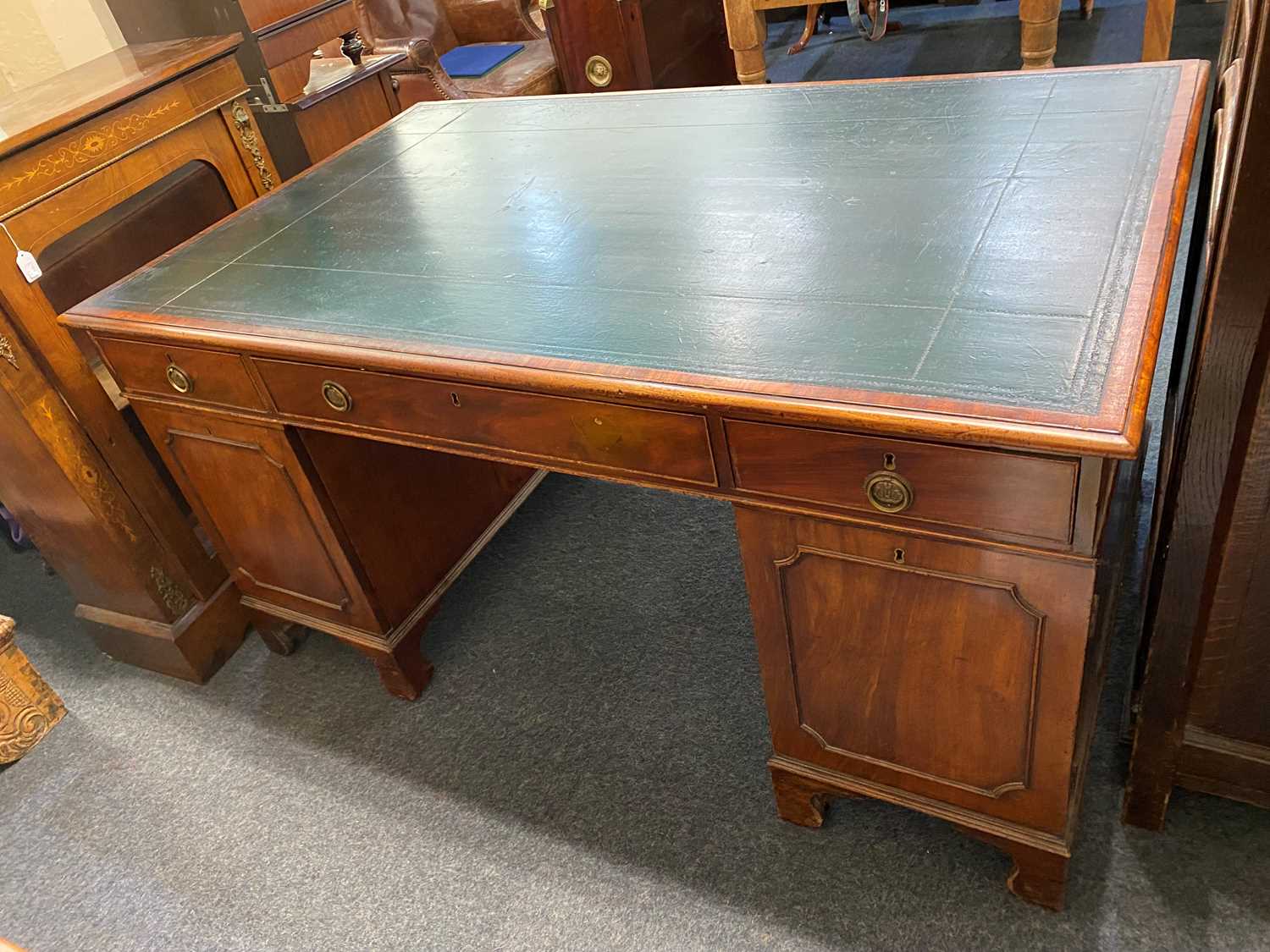 A Victorian mahogany twin pedestal partners desk, the rectangular top green leather inset above an - Image 2 of 2