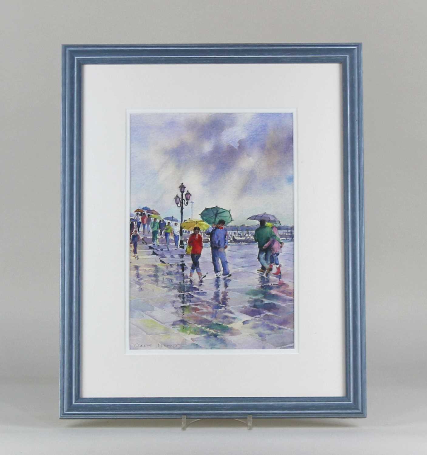 Claire Warner (20th century British) rainy promenade, watercolour, signed in pencil, 32cm by 22cm