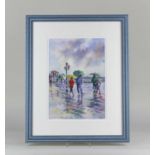 Claire Warner (20th century British) rainy promenade, watercolour, signed in pencil, 32cm by 22cm