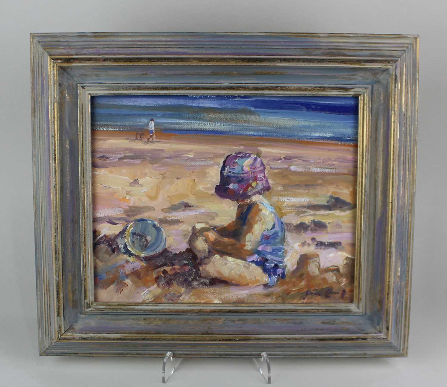 Jean Camp (20th century), child playing at the beach 'Florence at Rozel', oil on board, signed, 19cm