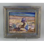 Jean Camp (20th century), child playing at the beach 'Florence at Rozel', oil on board, signed, 19cm