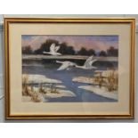 John Stephen (b 1926), swans in a snow covered landscape, 'Flight over the Marshes', oil, signed,