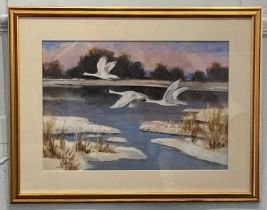 John Stephen (b 1926), swans in a snow covered landscape, 'Flight over the Marshes', oil, signed,