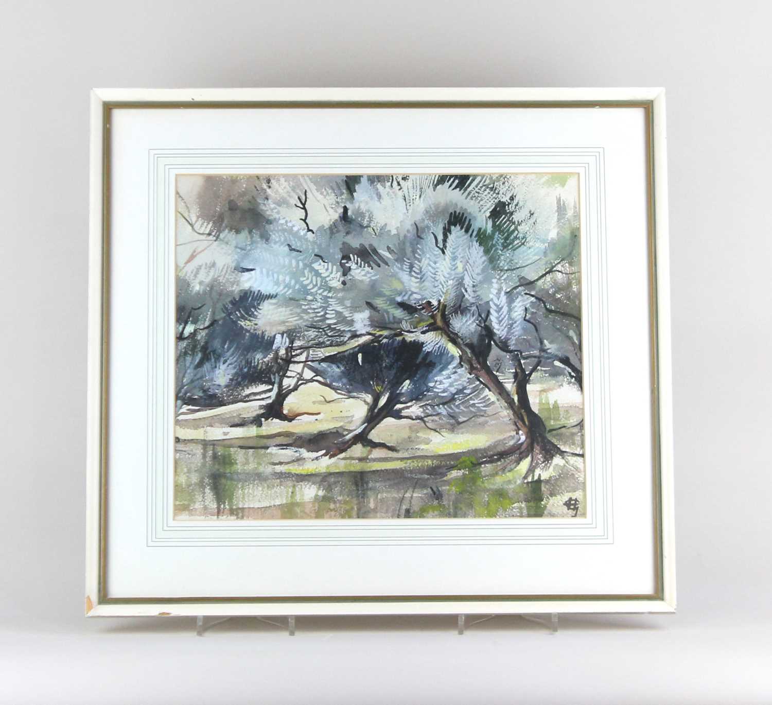 Heather Green, Olive Trees, watercolour, monogrammed, verso inscribed, 34cm by 39cm