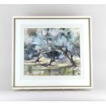 Heather Green, Olive Trees, watercolour, monogrammed, verso inscribed, 34cm by 39cm