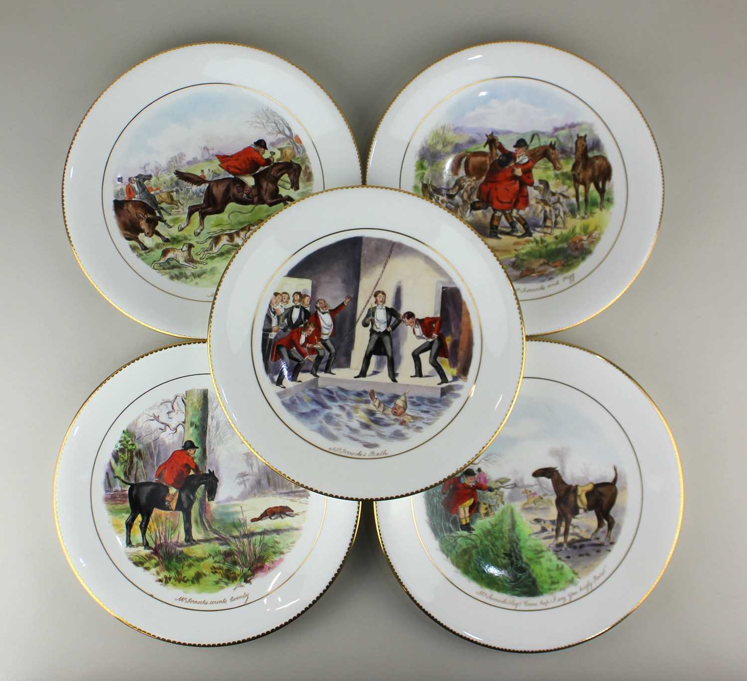 Five Wedgwood porcelain plates decorated with various scenes from Surtees' Jorrocks' Jaunts and