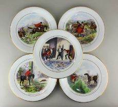 Five Wedgwood porcelain plates decorated with various scenes from Surtees' Jorrocks' Jaunts and