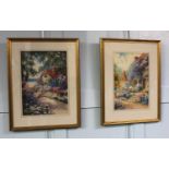 J Halford Ross, two watercolours depicting summer garden scenes with cottages, both signed 37cm by