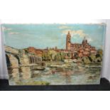 Spanish School (20th Century) - 'Rio Tormes featuring Salamanca Cathedral', oil on canvas,