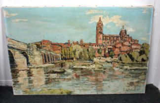 Spanish School (20th Century) - 'Rio Tormes featuring Salamanca Cathedral', oil on canvas,
