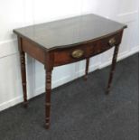 A 19th century mahogany bowfront side table two drawers with brass oval drop handles, on turned