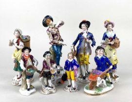 A collection of eight 19th century porcelain figures, each with painted gold anchor mark, to include