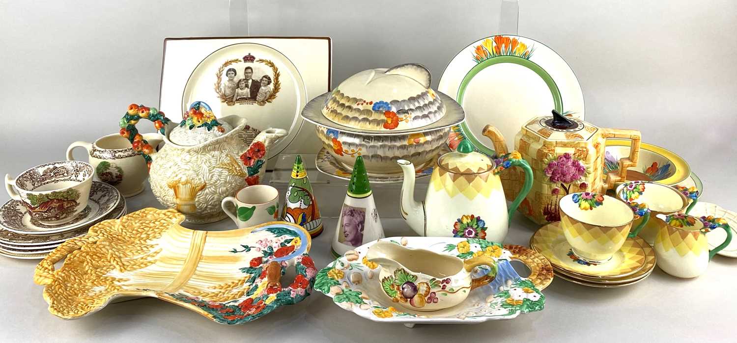 A collection of various Clarice Cliff items including Celtic Harvest teapot, Harvest Wheatsheaf