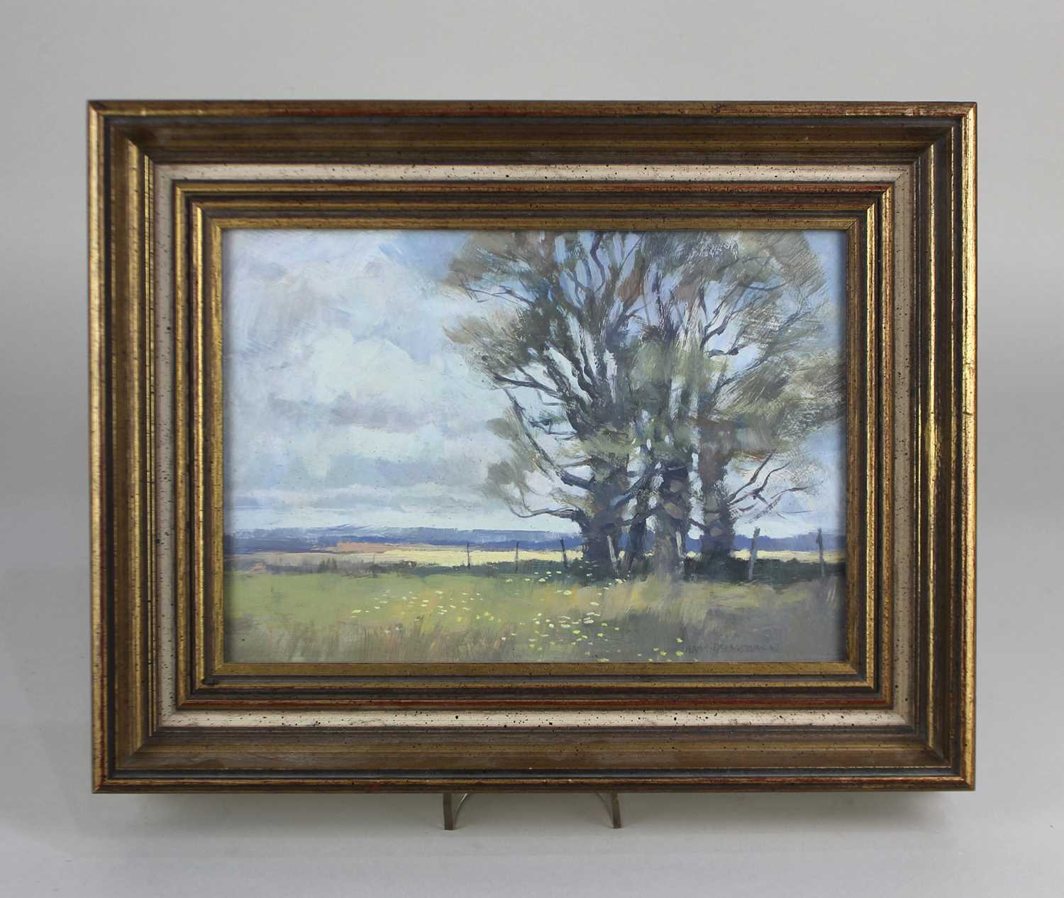 Norman Battershill, Fields and elms, oil on board, signed, verso inscribed, 17cm by 24.5cm