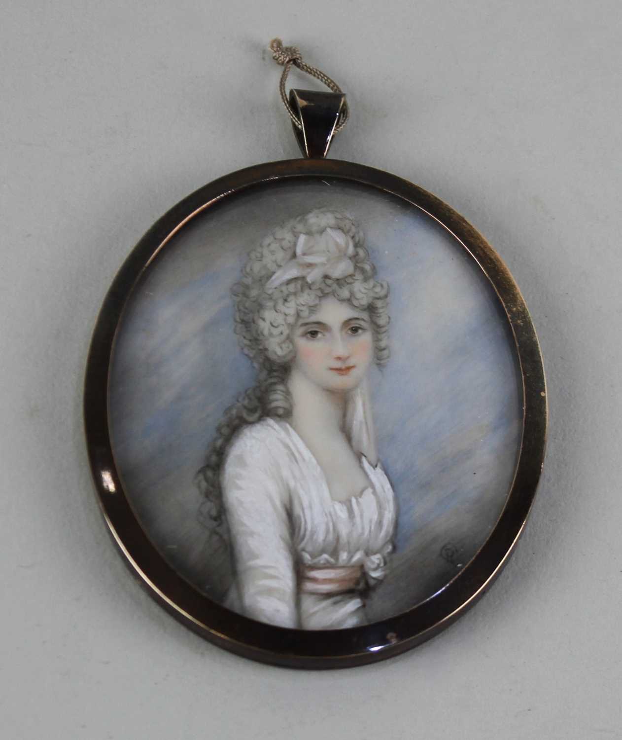 Follower of Richard Cosway RA (1742-1821), portrait of a lady, bearing monogram 'RC', 6.5cm by 5.5cm