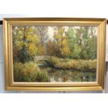 John Stephen (b 1926), river landscape with stone bridge, 'Autumn by the River Mole', oil on