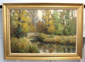John Stephen (b 1926), river landscape with stone bridge, 'Autumn by the River Mole', oil on