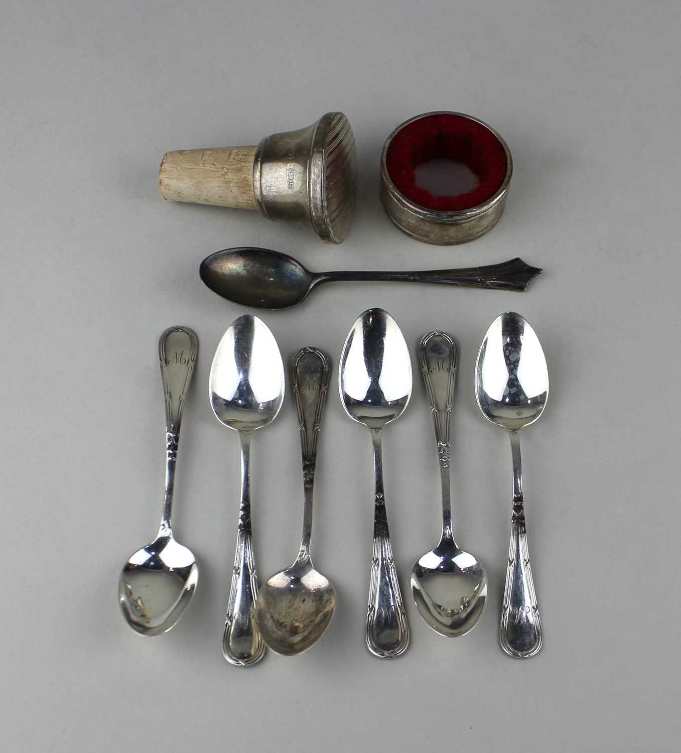 A collection of small 20th century silver items, comprising a set of 6 coffee spoons (Birmingham