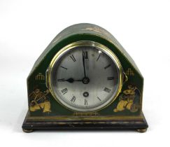 A Chinoiserie decorated green lacquered mantle clock, c.1900 / 1920, with Astral movement, raised on
