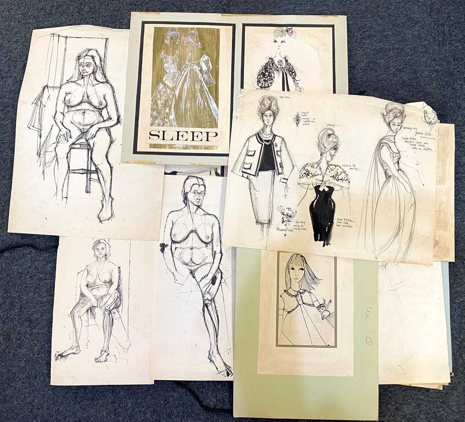 A folio of unframed art, to include fashion sketches, life studies, architectural studies, abstract,