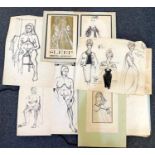 A folio of unframed art, to include fashion sketches, life studies, architectural studies, abstract,